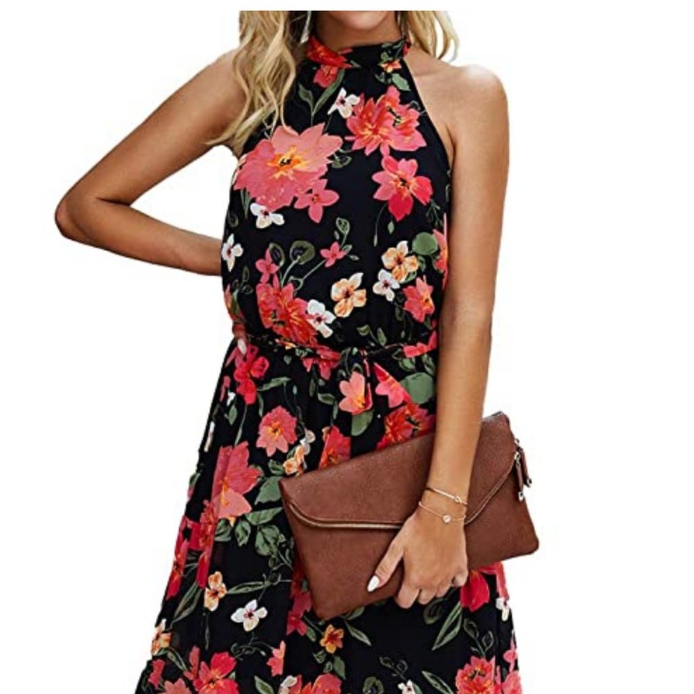 PRETTYGARDEN Women’s Casual Halter Neck Sleeveless Floral Long Maxi Dress Backle